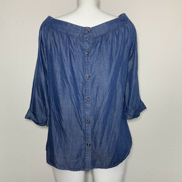 RD Style Blue Chambray Off Shoulder Blouse Medium - Picture 4 of 7